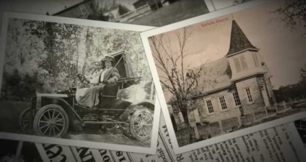 Old photographs with a house and people in a car