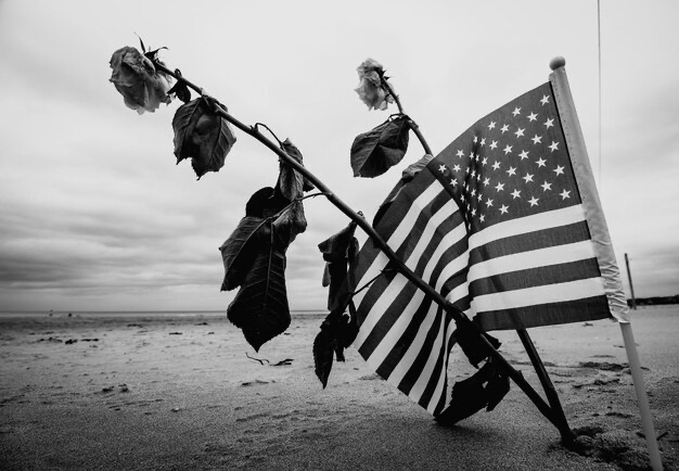 American flag with flowers in the ground