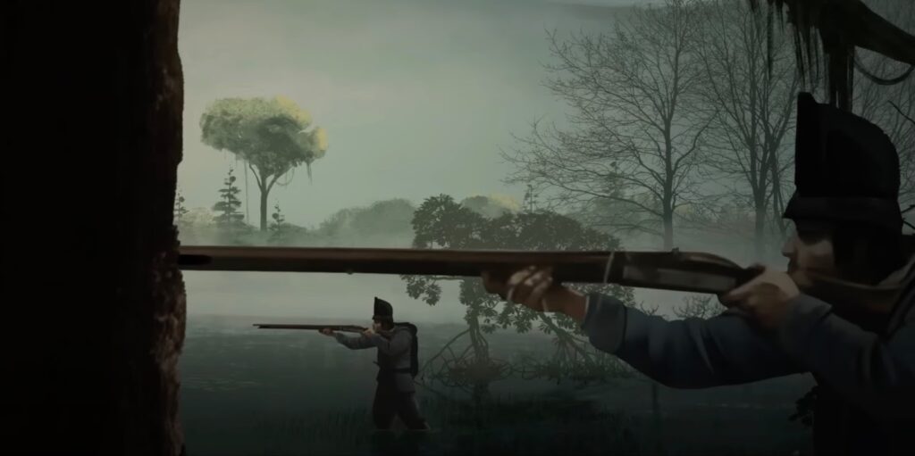 Animated men with rifles in their hands walk through the forest